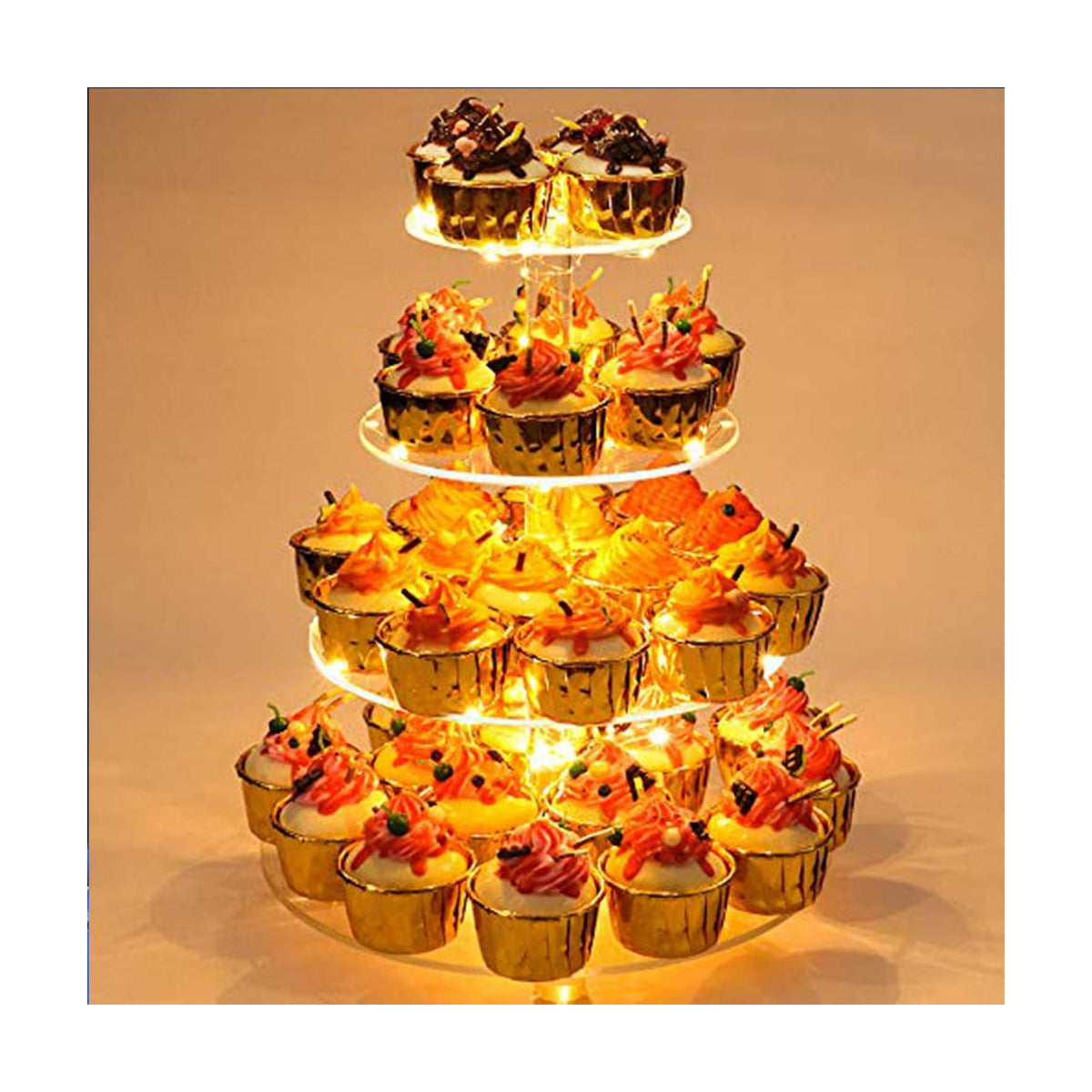 YestBuy 4 Tier Round Cupcake Stand with Yellow Lights for Party