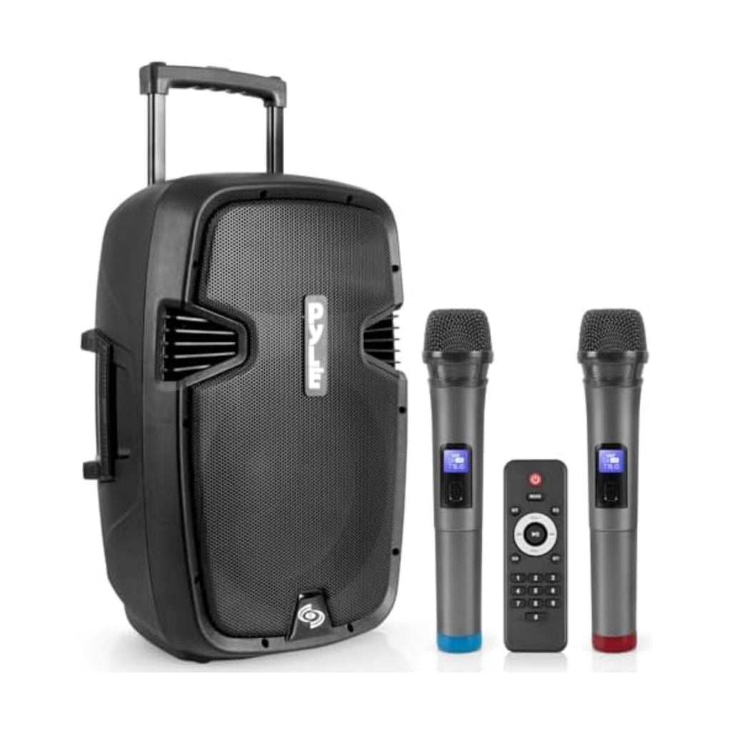 Pyle Portable Bluetooth PA Speaker System - 1000W Wireless Karaoke Loudspeaker with 12” Subwoofer, USB/SD/MP3/FM - Includes Dual UHF Mics, Remote, Rolling Wheels - Ideal for Parties, Events, Outdoors