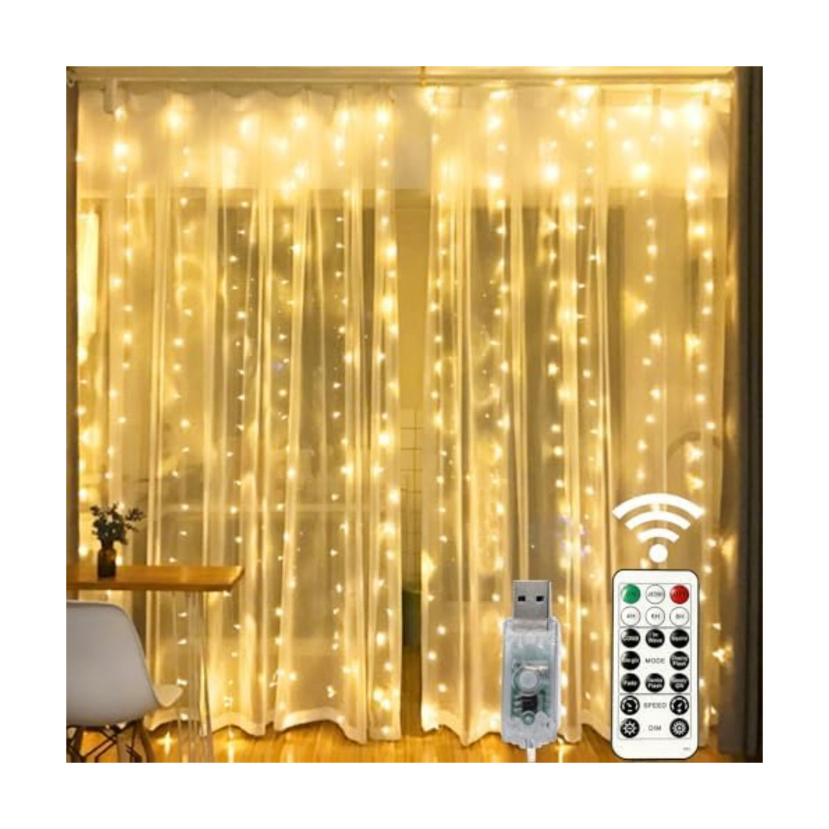 HOME LIGHTING Window Curtain String Lights, 300 LED 8 Lighting Modes Fairy Copper Light with Remote, USB Powered for Christmas Party Wedding Home Decorations (Warm White)