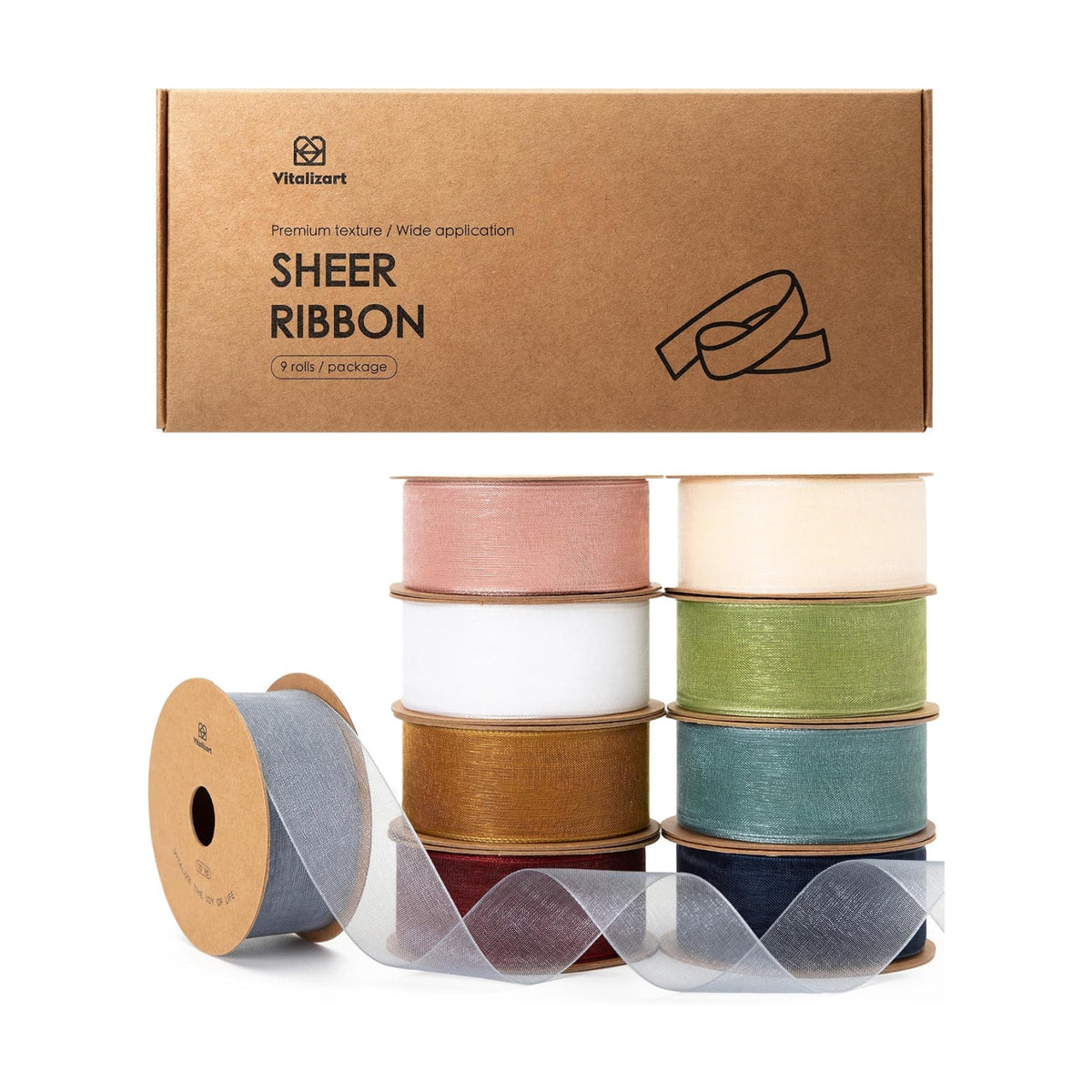 Vitalizart 1" x 90Yd Organza Ribbon Mixed Color Sheer Ribbons Set 10 Yd x 9 Rolls Handmade for Gift Wrapping Christmas Tree Crafts Bows Wedding Invitations Wreaths Wrap