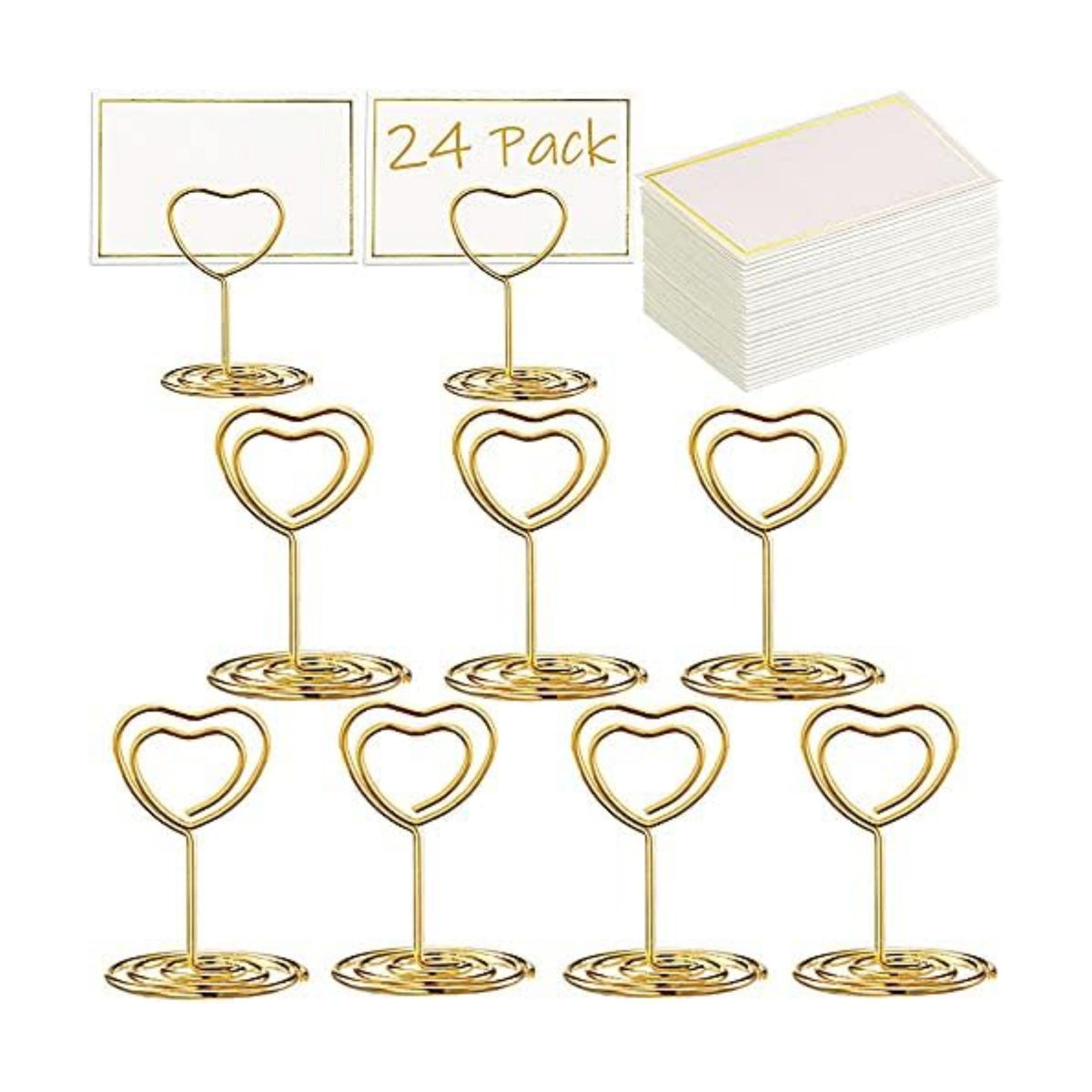 Toncoo 24 Pcs Mini Place Card Holders and 24 Pcs Place Cards with Gold Foil Border, Table Number Stand with Heart Shape, Table Card Holder Photo Picture Holder Memo Menu Clips for Wedding, Birthday