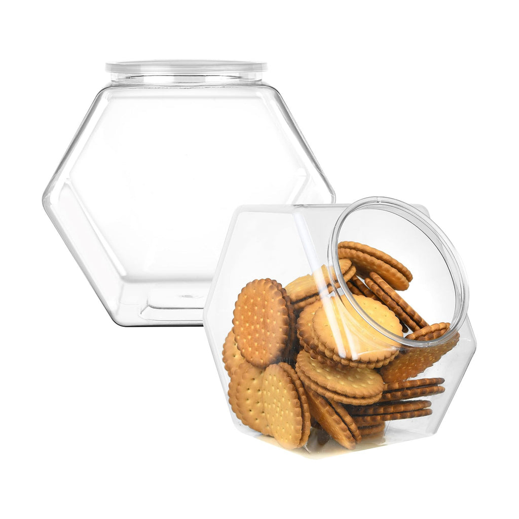 DilaBee 2-Pack Plastic Cookie Jar - 1 Gallon Hexagon Candy Jars with Lids for Candy Buffet, Kitchen & Office - Clear Jars with Lids for Cookies, Candies & Dry Food - Plastic Jar with Labels - BPA-Free
