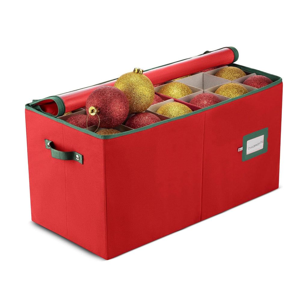 ZOBER Large Christmas Ornament Storage Box - Stores 54 4" Large Ornaments, With Dividers - Ornament Organizer Storage Box, Durable Christmas Containers Holder, Dual Zipper - Red