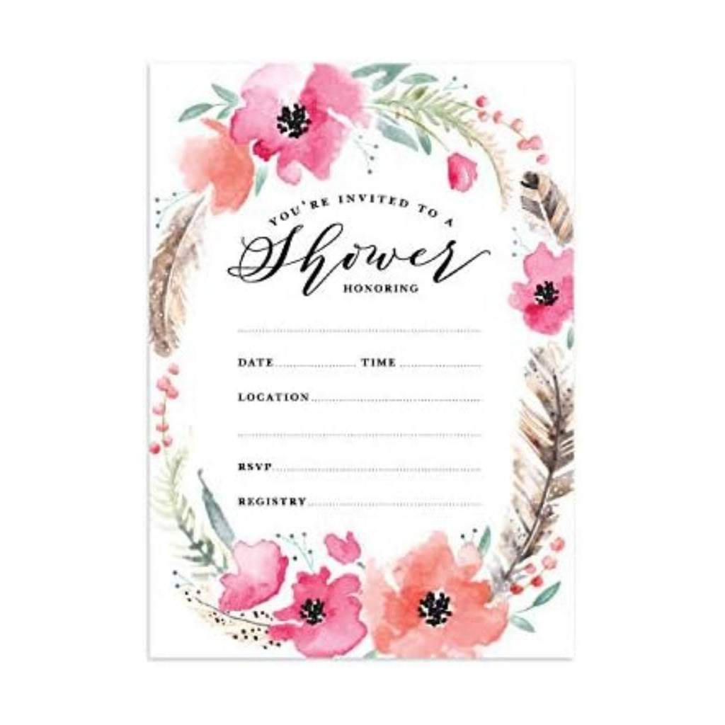 Canopy Street Boho Spirit Fill In The Blank Shower Invitation / 25 Bridal Shower Invitations With White Envelopes / 5" x 7" Flat Boho Baby Shower Invite