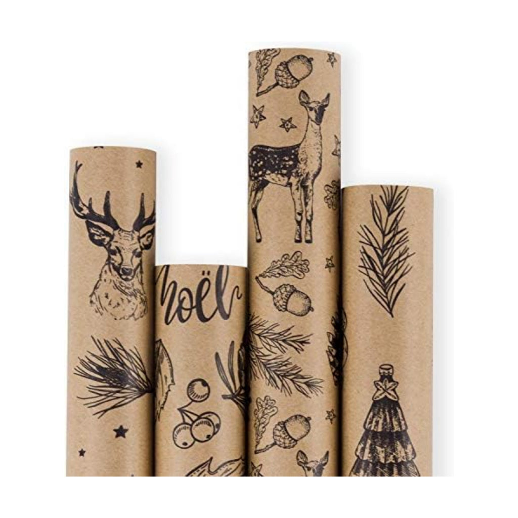 RUSPEPA Christmas Wrapping paper - Brown Kraft Paper with Black Christmas Elements Print Paper - 4 Roll-30Inch X 10Feet Per Roll