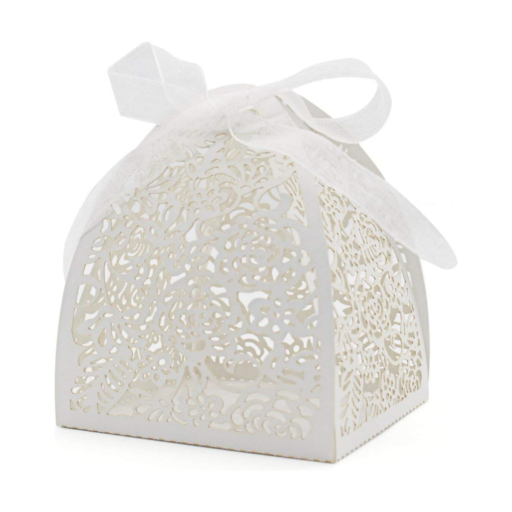 KPOSIYA Pack of 100 Laser Cut Rose Candy Boxes, Favor Boxes 2.5"x 2.5"x 3.1", Gift Boxes Bridal Shower Anniverary Birthday Party Wedding Favor (100,White)