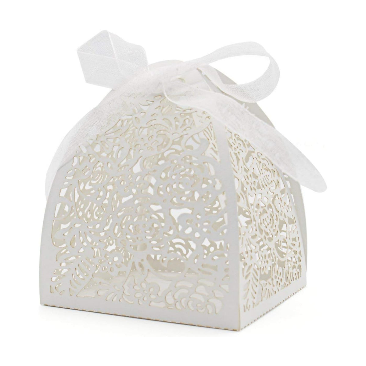 KPOSIYA Pack of 100 Laser Cut Rose Candy Boxes, Favor Boxes 2.5"x 2.5"x 3.1", Gift Boxes Bridal Shower Anniverary Birthday Party Wedding Favor (100,White)