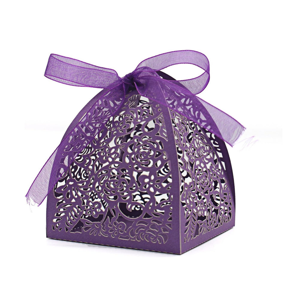 KPOSIYA Pack of 100 Laser Cut Rose Candy Boxes, Favor Boxes 2.5"x 2.5"x 3.1", Gift Boxes Bridal Shower Anniverary Birthday Party Wedding Favor (100,Purple)
