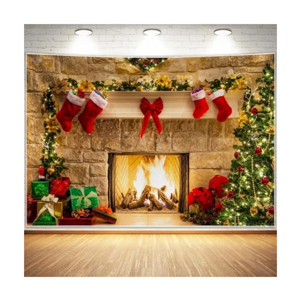 7x5ft Christmas Fireplace Theme Backdrop for Photography