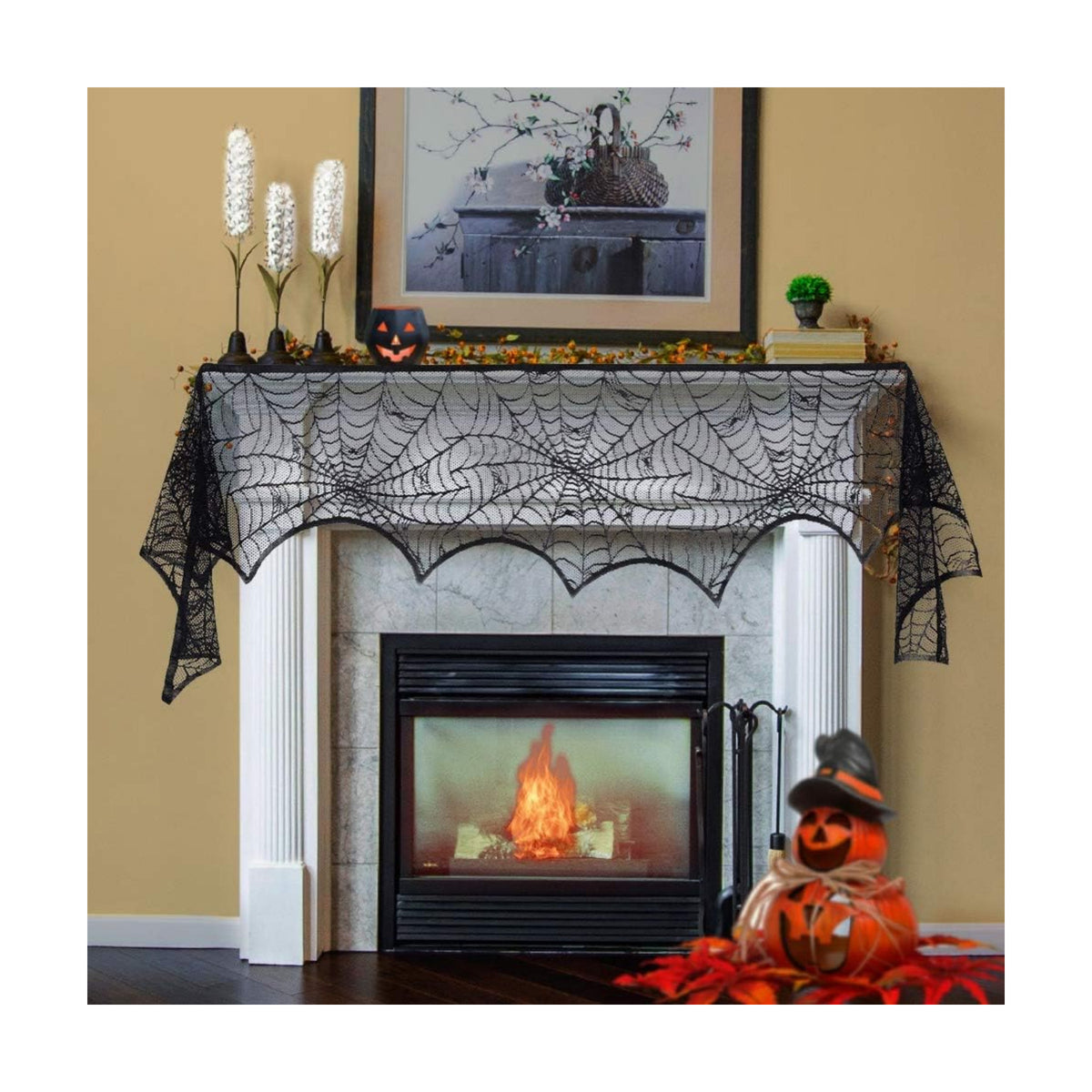 Lulu Home Halloween Fireplace Decorations, Fireplace Mantle Scarf Cover, Black Lace Spider Web for Door, Window and Flowerbeds Decoration, Halloween Party Supplies