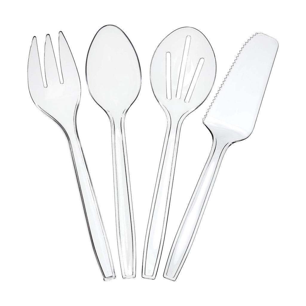 Plasticpro Disposable Plastic Serving Utensils Set of 12, 3 Spoons, 3 Forks 3 Knives, 3 Sifting Spoons, Clear Heavyweight