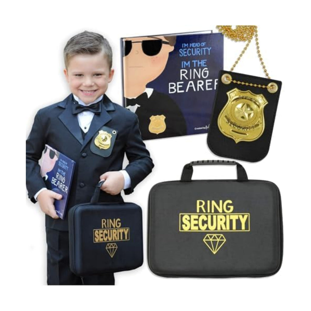 Tickle & Main Ring Bearer Proposal Gift Set - Youth S/M, Ages 4 & Up, Black Polyester - Includes Storybook, Leather Badge & Security Briefcase - Kids Ring Bearer Gifts