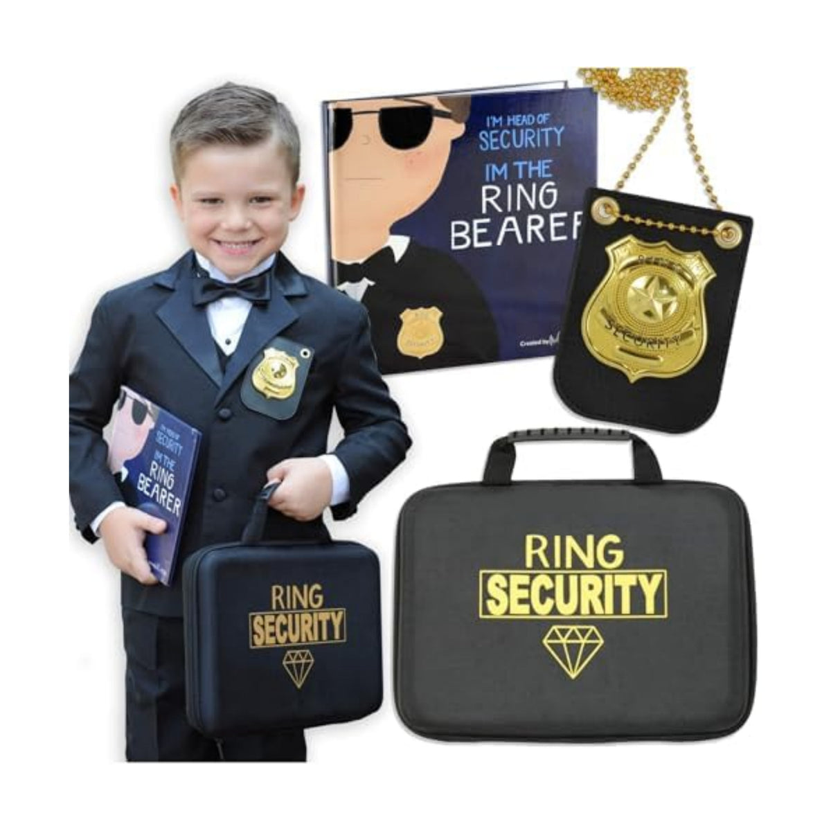 Tickle & Main Ring Bearer Proposal Gift Set - Youth S/M, Ages 4 & Up, Black Polyester - Includes Storybook, Leather Badge & Security Briefcase - Kids Ring Bearer Gifts