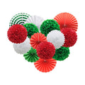 Red White and Green Hanging Paper Decor - Round Paper Fans, Pom Poms, Flowers - Perfect for Christmas, Birthdays, Weddings, Graduations, Baby Showers