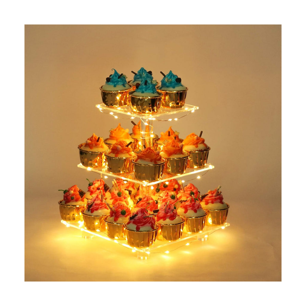 YestBuy 3 Tier Cupcake Stand with Yellow LED String Light for 24 Cupcakes