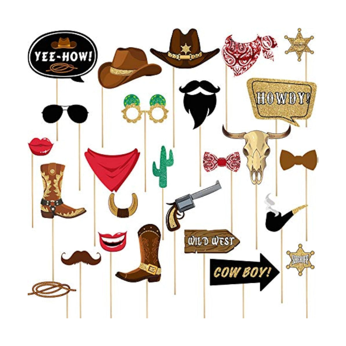 Blulu 26 Pieces Western Photo Booth Props Kit Party Decorations, Cowboy