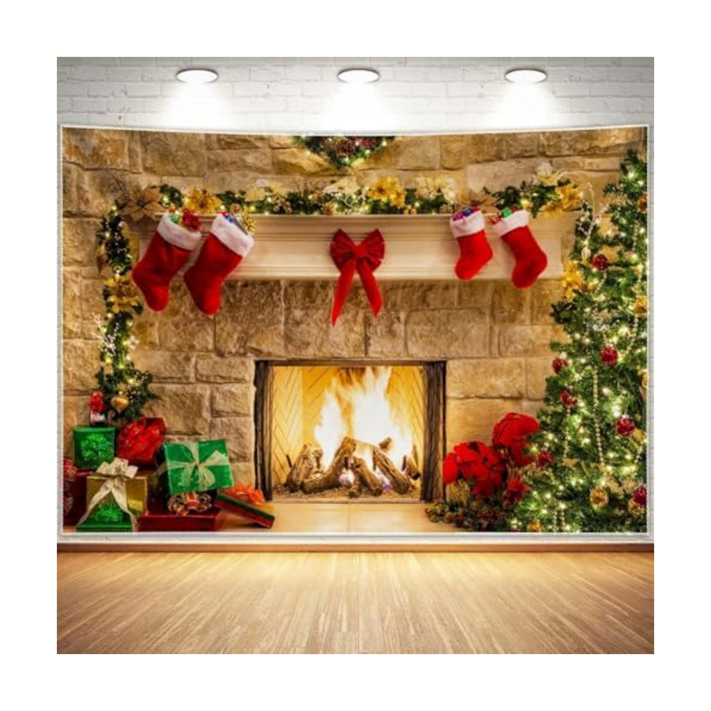 10x8ft Christmas Fireplace Theme Backdrop for Photography