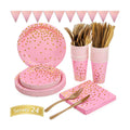 Pink and Gold Party Supplies 145PCS Golden Dot Paper Party Dinnerware Includes Paper Plates, Napkins, Knives, Forks, Cups, Banner, for Bachelorette, Girl Birthday, Baby Shower, Serves 24