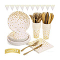 White and Gold Party Supplies 145PCS Disposable Party Dinnerware Paper Plates, Napkins, Knives, Forks, Cups, Banner, for New Year Eve 2026, Bridal Shower, Wedding, Birthday, Serves 24