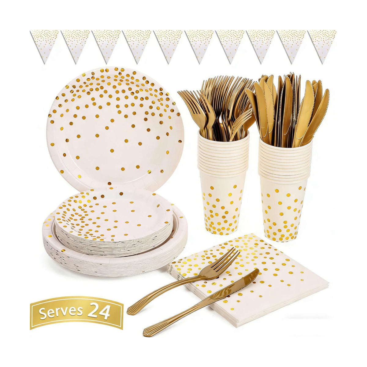 White and Gold Party Supplies 145PCS Disposable Party Dinnerware Paper Plates, Napkins, Knives, Forks, Cups, Banner, for New Year Eve 2026, Bridal Shower, Wedding, Birthday, Serves 24