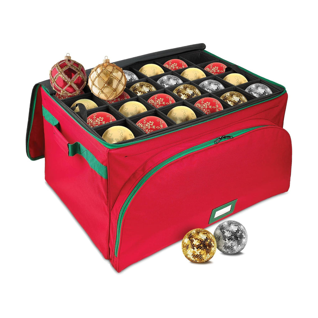 HOLDN’ STORAGE Premium Christmas Ornament Storage Container - Holds Up to 72-4” Ornaments Durable 600D Fabric - Adjustable Dividers - 3 Individual Trays - Metal Frame - Red