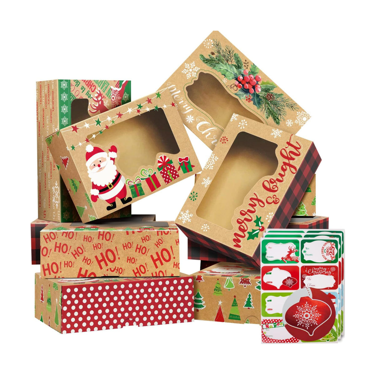 Party Funny 12 Christmas Cookie Boxes -Large Holiday Bakery Food Container for Gift Giving with 80 Count Christmas Foil Gift Stickers