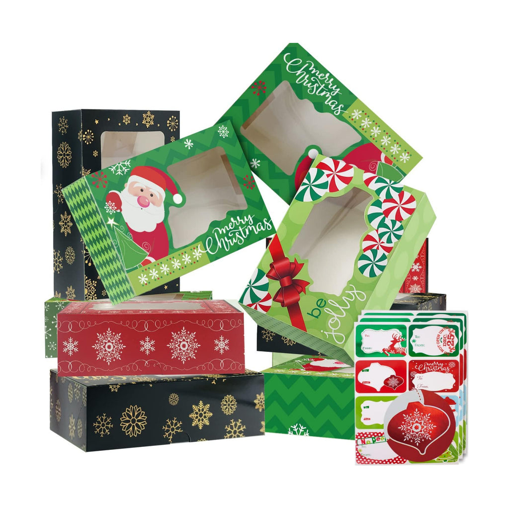 Party Funny 12 Christmas Cookie Boxes -Large Holiday Bakery Food Container for Gift Giving with 80 Count Christmas Foil Gift Stickers