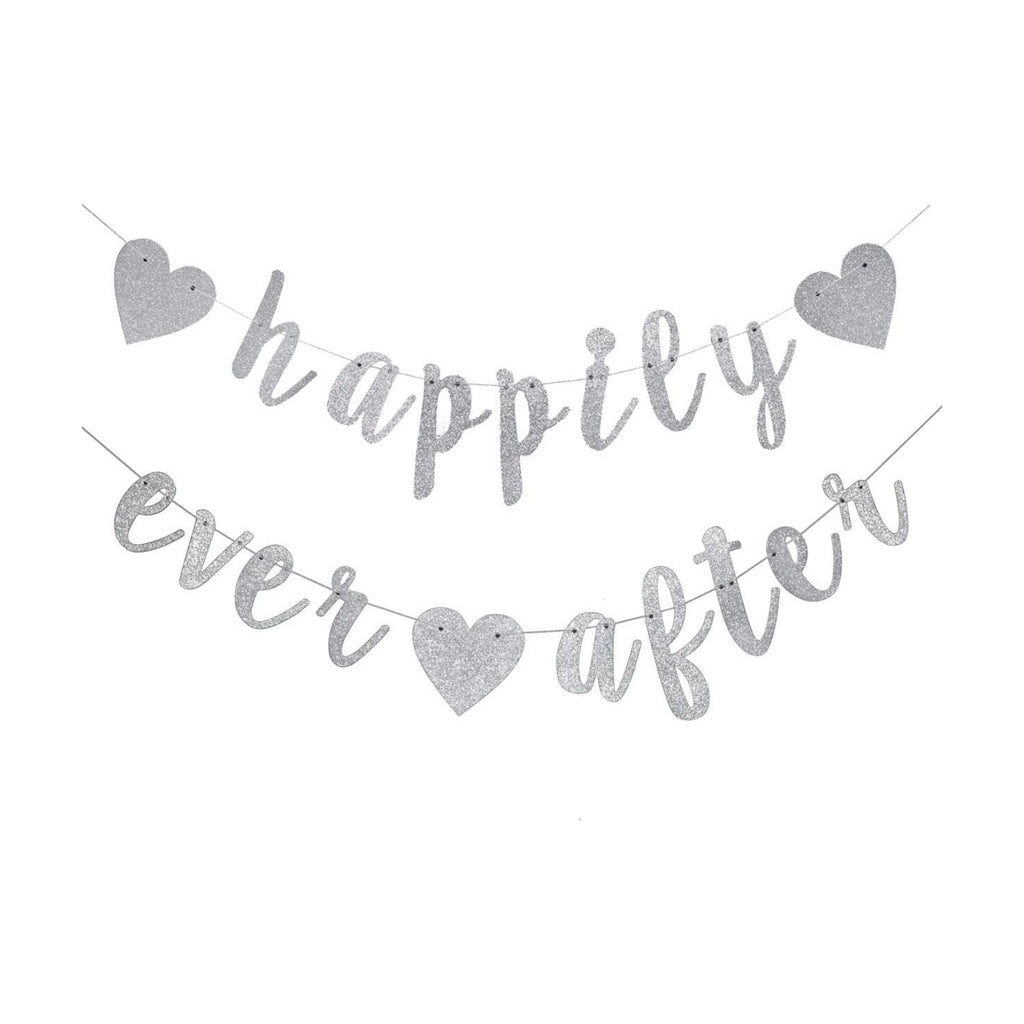 Happily Ever After Silver Glitter Bunting Banner, Engagement, Bridal Shower, Wedding Party Photo Booth Props Signs,Pre-Strung Cursive Bunting
