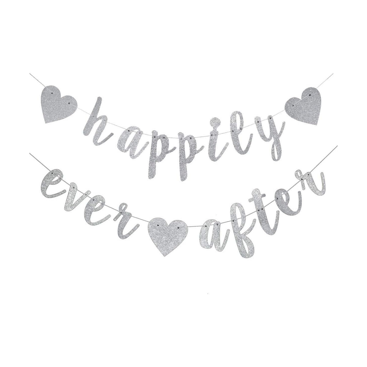 Happily Ever After Silver Glitter Bunting Banner, Engagement, Bridal Shower, Wedding Party Photo Booth Props Signs,Pre-Strung Cursive Bunting