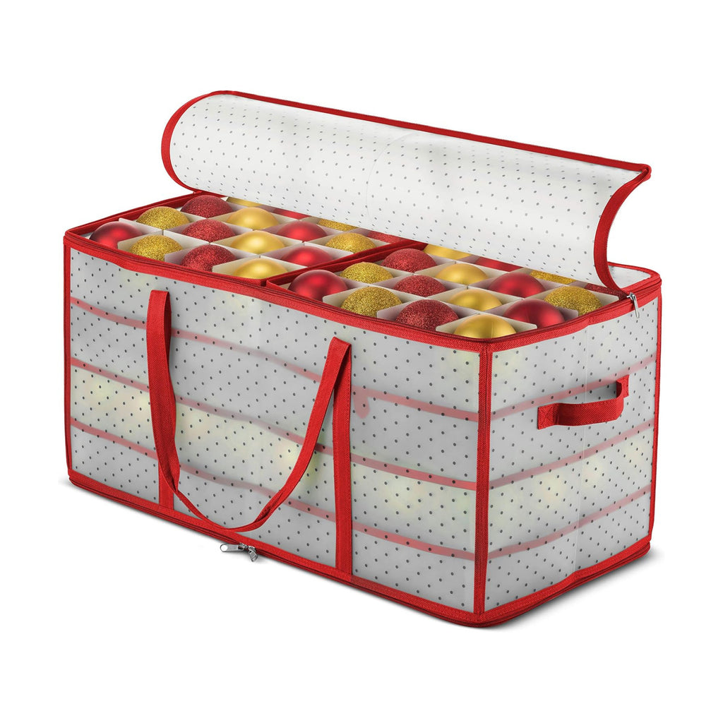 ZOBER Christmas Ornament Storage Box - Stores 128 Ornaments W/ 2 Sided Zipper - Flexible Plastic Christmas Ornament Storage Containers - 3 Inch Cube Compartments - Red
