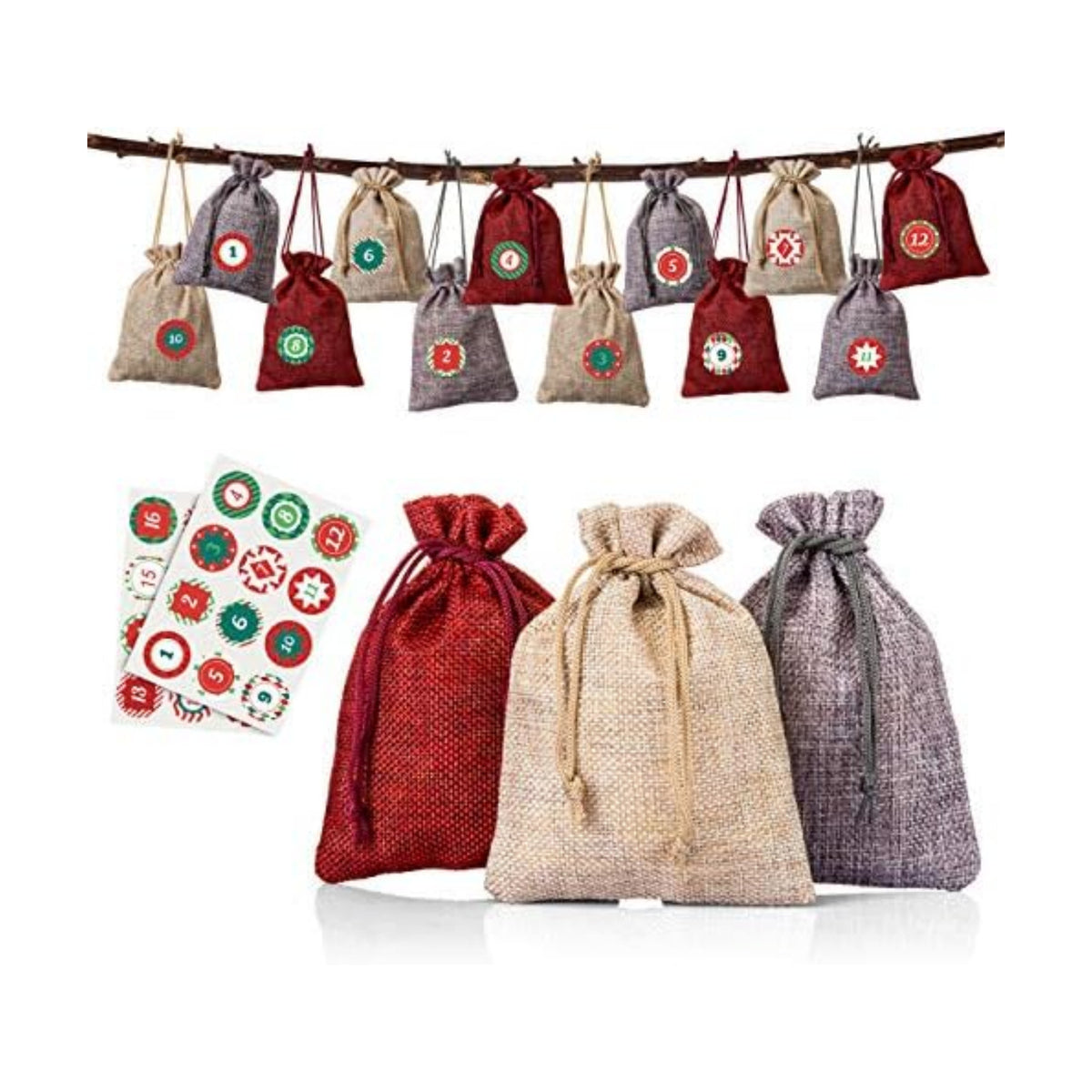 Naler Advent Calendar 2026, 24 Pieces Hanging Burlap Bags, 3 Colors