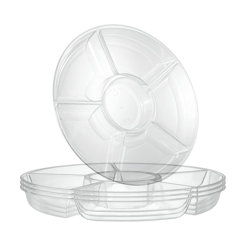 Plasticpro 6 Sectional Round Plastic Serving Tray/Platters Clear Pack of 8