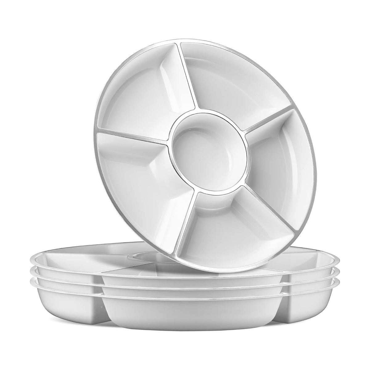 6 Sectional Round Plastic Serving Tray/Platters White W Silver Rim Pack of 2