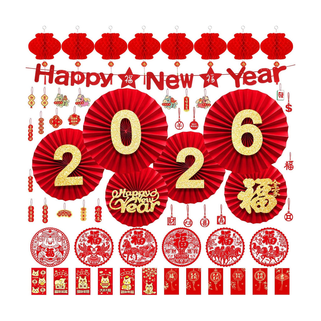 Chinese New Year Decorations 2026 Spring Festival Hanging Ornaments Paper Fans Red Lantern Happy New Year Banner Red Envelopes Chinese Fu Character Stickers for Lunar New Year Decorations