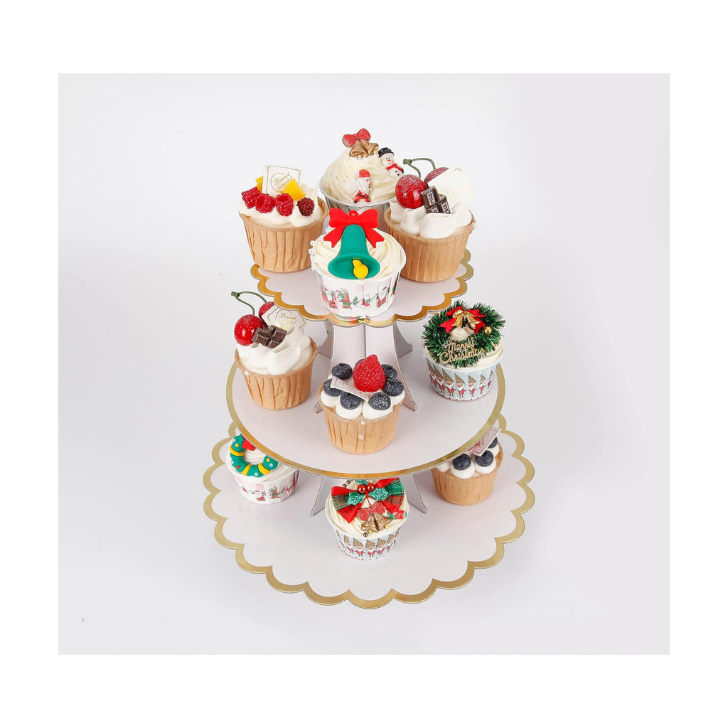 YLDW Cupcake Stand with Lace Trim, 3-Tier Cupcake Stand Display, Cardboard Cup Cake Tower Stand, Disposable Dessert Stand for Birthday Tea Party Baby Shower Treat Decorations, White