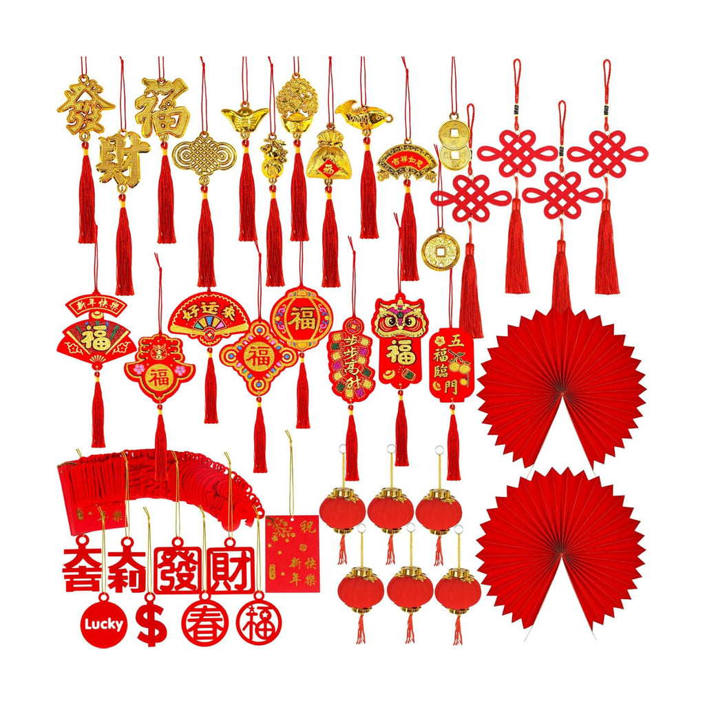 Winlyn 106 Pcs Chinese New Year Decorations Chinese Hanging Good Luck Ornaments Red Lanterns Festive Tree Ornaments Paper Fans for Asian Chinese Lunar New Year 2026 Year of The Horse Party Decor