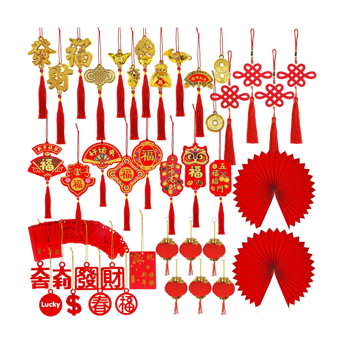 Winlyn 106 Pcs Chinese New Year Decorations Chinese Hanging Good Luck Ornaments Red Lanterns Festive Tree Ornaments Paper Fans for Asian Chinese Lunar New Year 2026 Year of The Horse Party Decor