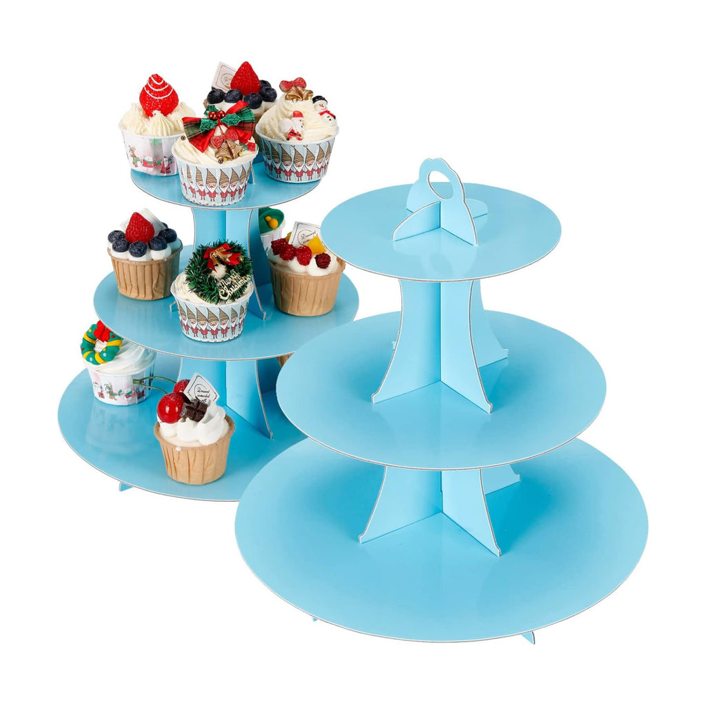 YLDW Cupcake Stand, 3-Tier Cupcake Stand Display, Cardboard Cup Cake Tower Stand, Disposable Dessert Stand for Birthday Tea Party Baby Shower Treat Decorations, Baby Blue