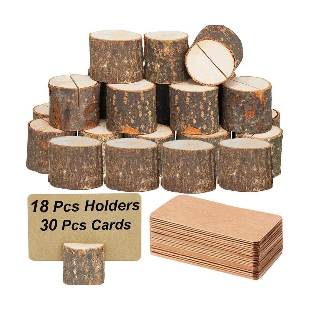 Toncoo 18Pcs Premium Wood Place Card Holders and 30Pcs Kraft Table Place Cards, Rustic Table Number Holders, Wood Photo Holders, Ideal for Wedding Party Table Name and More