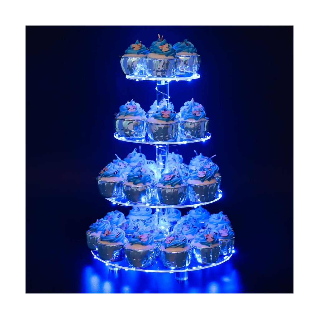 YestBuy 4 Tier Round Cupcake Stand – Premium Cupcake Holder – Acrylic Cupcake Tower Display- Cady Bar Party Décor + LED Light String – Ideal for Weddings, Birthday Parties & Events (Blue)