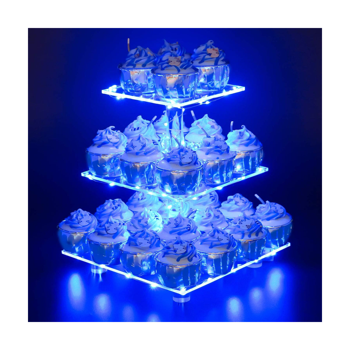 YestBuy 3 Tier Square Cupcake Stand - Premium Cupcake Holder - Acrylic Cupcake Tower Display - Cady Bar Party Décor + LED Light String - Ideal for Weddings, Birthday Parties( Blue Light)