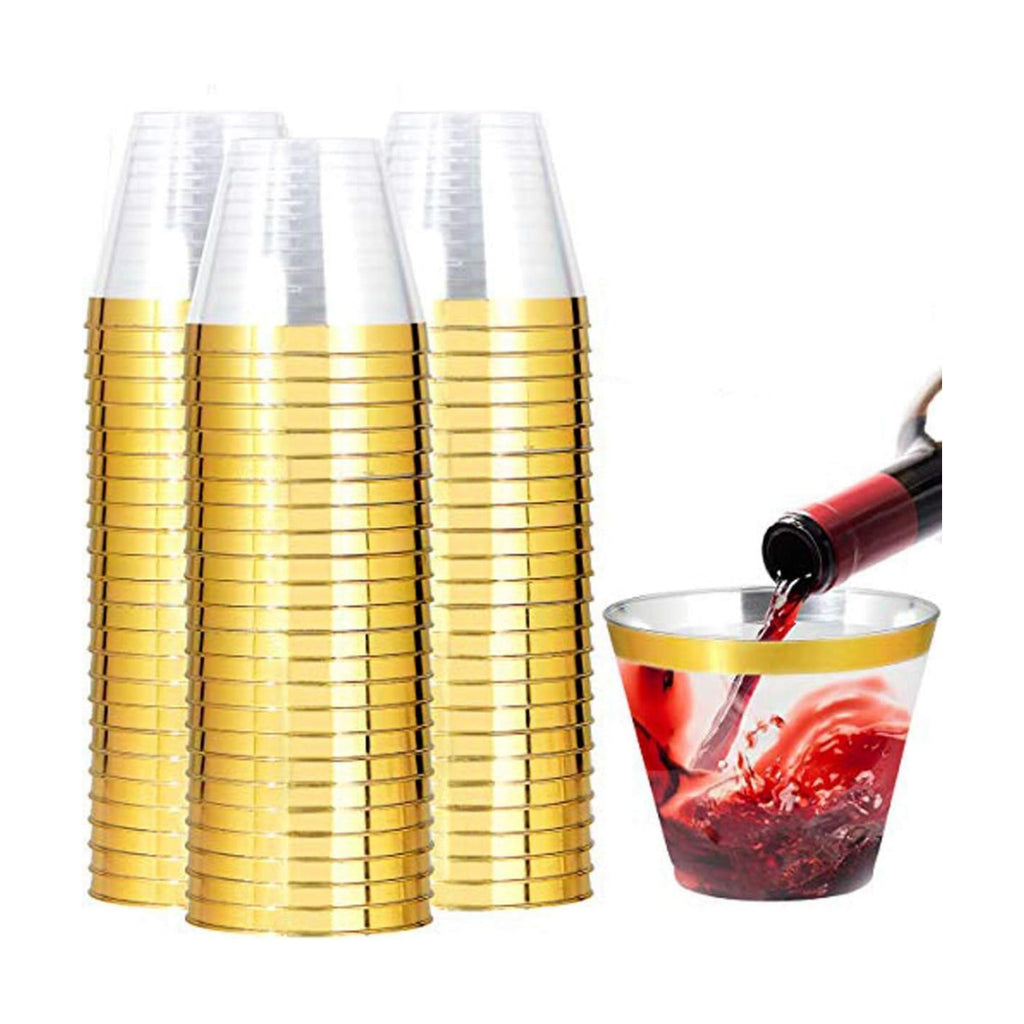 I00000 200 Pack Gold Plastic Cups, 9 OZ Elegant Gold Rimmed Plastic Cups