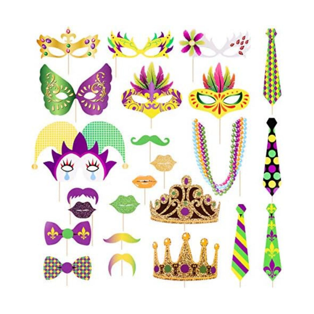 24Ct Mardi Gras Party Photo Booth Props - Carnival Birthday Party Decorations Supplies Favors Cosplay Props