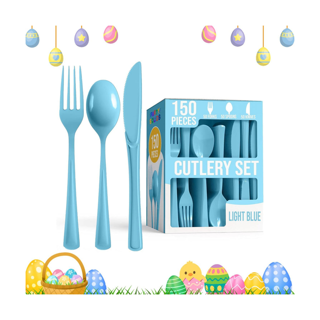 Party Solids Light Blue Plastic Silverware 150 Pcs Light Blue Cutlery Set
