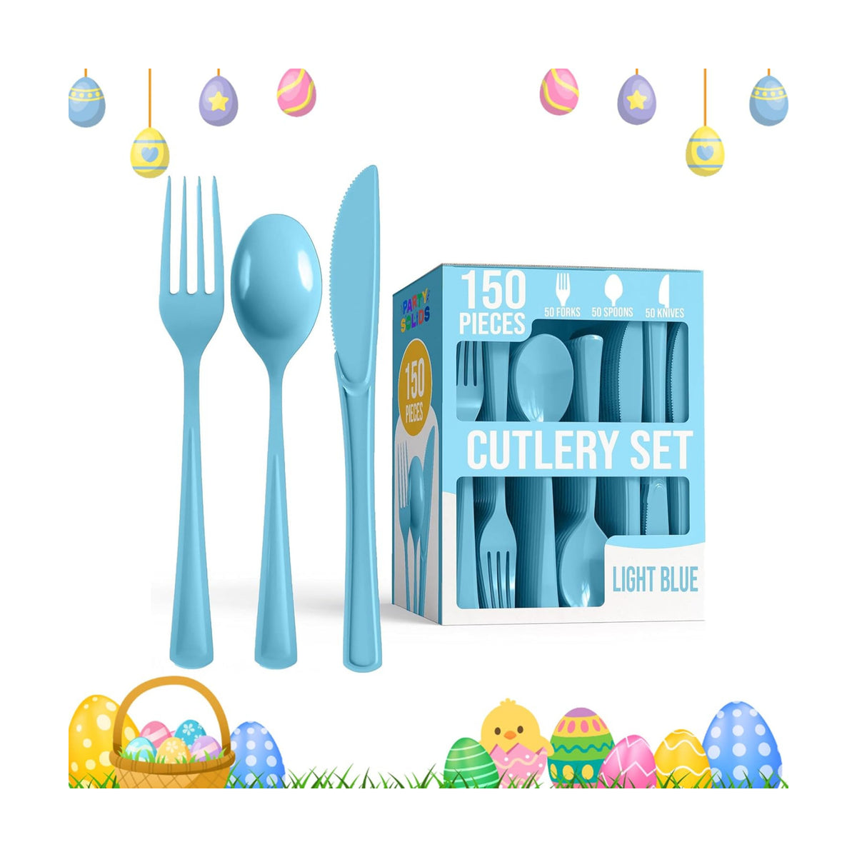 Party Solids Light Blue Plastic Silverware 150 Pcs Light Blue Cutlery Set