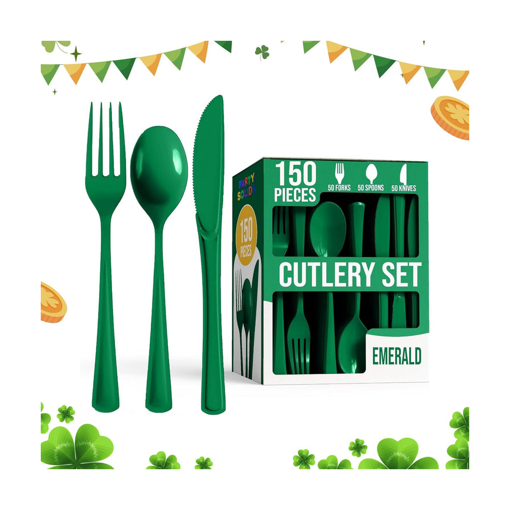 Party Solids Emerald Green Plastic Silverware 150 Pcs Cutlery Set