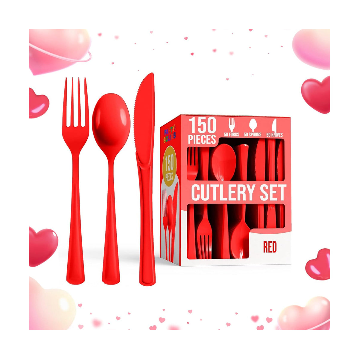 Party Solids Red Plastic Silverware 150 Pcs Red Cutlery Set