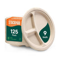 100% Compostable, 3 Compartment, Disposable Paper Plates [125-Pack] 9 Inch Heavy Duty Biodegradable Bagasse Sectional Lunch Trays + Dividers - Divided Platte Tray (PFAS Free) (BPA Certified)