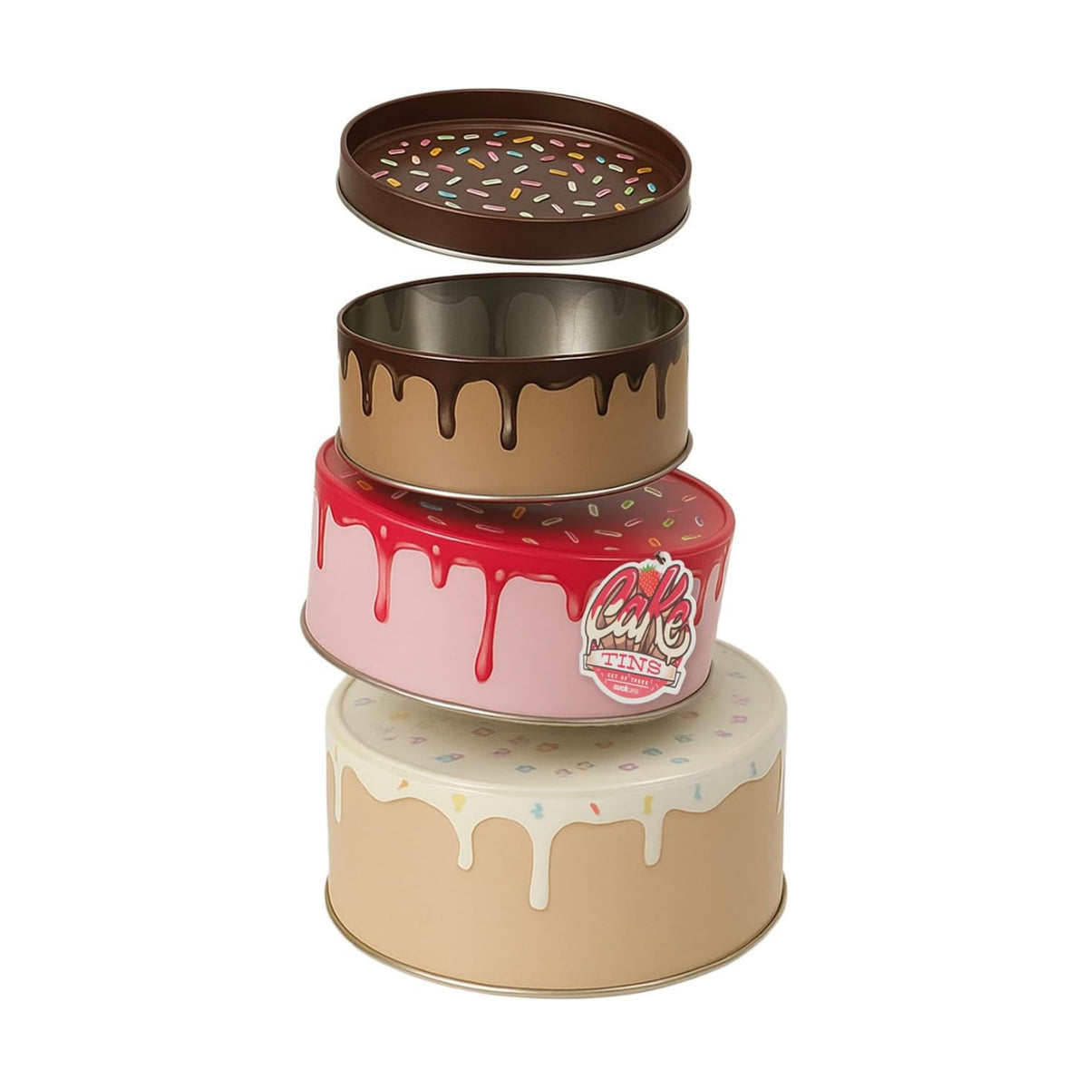 Suck UK Cookie Tin - Round Cake Tins with Lids - Novelty Cookies Jar - Cake Storage Container - Air Tight Birthday Cookie Box - Kitchen Storage Tins - Large Stackable Metal Tin Nesting - Set of 3