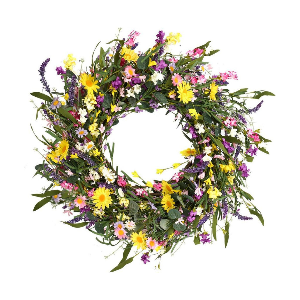 J'FLORU Spring Wreath 24 Inch Summer Wreaths for Front Door Artificial Flower Wreath with Daisy and Lavender for Indoor Outdoor and Easter Celebration